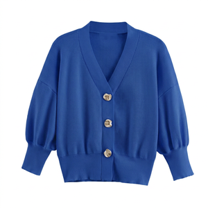 Cardigan pour femme à col en V, manches trois quarts bouffantes, couleur unie, fermeture boutonnée, pull décontracté en tricot pour l'automne, 100% acrylique - Product Image 5