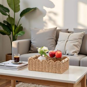 Paper Rope Scalloped Edge Toilet Paper <b>Storage</b> <b>Basket</b> <b>Rectangular</b> Bathroom Decor Woven <b>Basket</b> With Handles For Over Toilet - Product Image 3