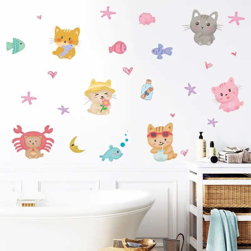 Cartoon Cats Fish Sticker Creative Starfish Wallpaper Self Adhesive Living Room Bedroom Decorative Mural TV Background Decal