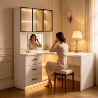 Meuble de maquillage d'angle moderne et bureau combinés avec meuble de rangement vitrine et rangement à panneaux perforés pour chambre à coucher
