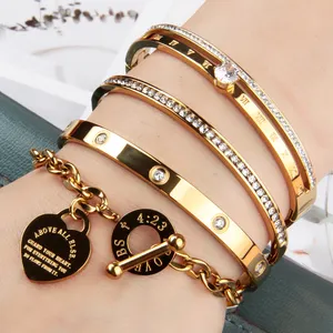 High Quality Ladies Jewelry Gift Accessory Inlaid Diamond Heart Verse Assorted Combination 18K Gold Stainless Steel Bracelet