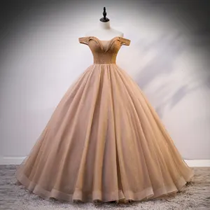 Coffee Color Beaded Glitter Tulle Ball Gown Sweet 16 Dresses Plus Size Designer Cheap Quinceanera Dresses Gowns