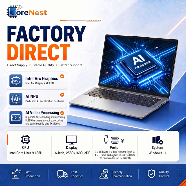 CoreNest 16 Inch AI PC Laptop Intel Core Ultra 9 185H 16 Cores High Performance 2.5K 16:10 Screen Business AI Notebook PC Laptop