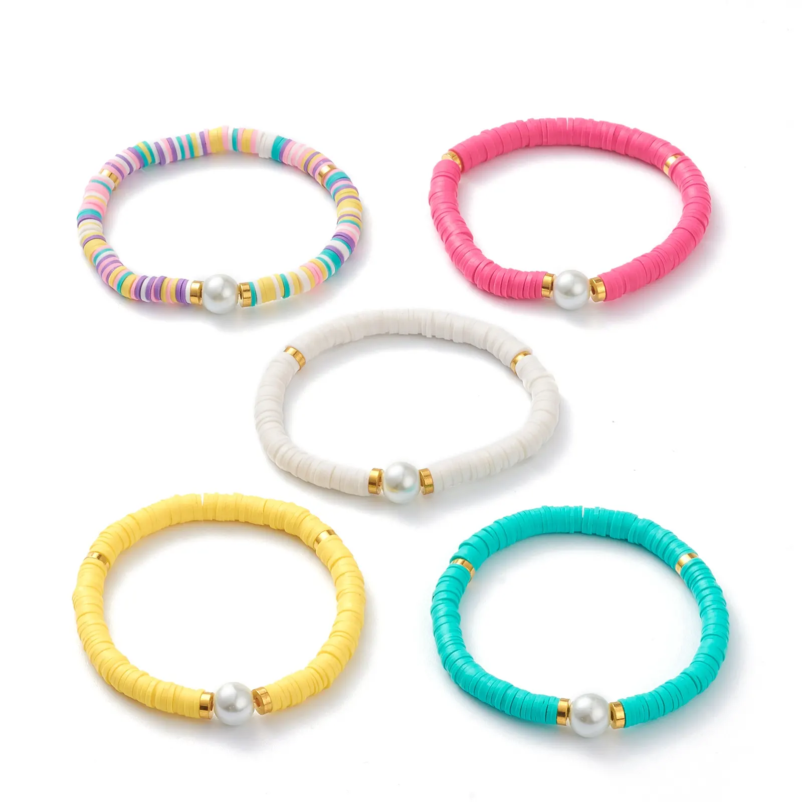 Pandahall Pandahall Round Glass Pearl Beads Polymer Clay Beads Stretch Beaded Bracelets