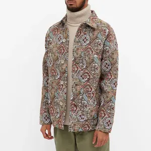 OEM Custom button closure chest pocket paisley flower printed branded camouflage baker jacket for men