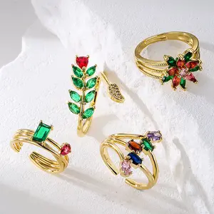 Nuoro Nieuwe Mode Kleurrijke Zirkoon Geometrische Ring Messing Vergulde Romantische Vinger Sieraden Blad Bloem Verstelbare Open Ringen