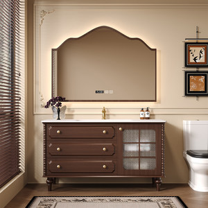 French retro bathroom cabinet hot curved integrated basin washbasin <b>oak</b> floor standing washbasin cabinet - Product Image 2