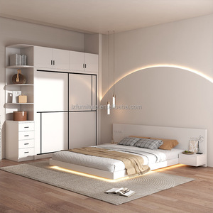 Ensembles de meubles de chambre modernes et abordables : lit flottant avec armoire, coiffeuse et tables de chevet, idéal pour les studios. - Product Image 2