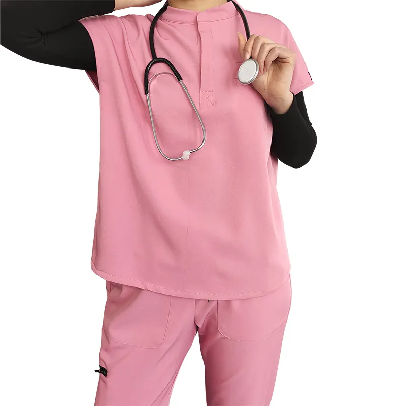 カスタムラベルOEMサービスファッショナブルなマンダリンカラー半袖ナーススクラブスーツ伸縮性のある病院の制服