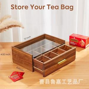 Wooden Tea Bag <b>Storage</b> <b>Box</b> Multi Compartment <b>Drawer</b> Style Desktop Organizer Acacia Wood Rectangular Covered Design - Product Image 5