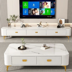 Set di Lusso con Mobile TV <span class=keywords><strong>in</strong></span> Legno e Marmo, Tavolino da Salotto con Vano Portaoggetti, <span class=keywords><strong>Arredamento</strong></span> per Interni - Product Image 1