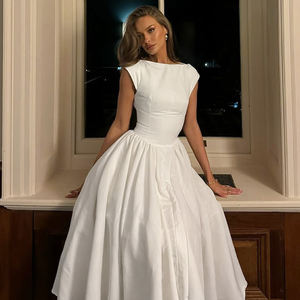 Robe midi élégante T-1545 pour femme, dos nu, taille haute, coupe trapèze, couleur unie, col rond, ourlet évasé, idéale pour l'été, le printemps, les invitées de mariage, les soirées ou les cocktails - Product Image 1