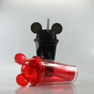 Groothandel Multi-color 450Ml L Transparant Double Wall Acryl Plastic Cup Met Mickey Deksel En Stro