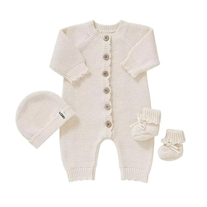 Ensemble 3 pièces nouveau-né en coton biologique : barboteuse tricotée, bonnet et chaussons – Tenue mignonne à manches longues pour bébés garçons et filles - Product Image 6