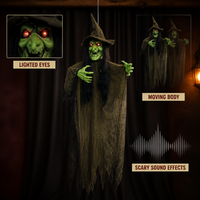 SIPKLR 75'' Dekorasi Halloween Hantu Penyihir Gantung Animasi Seram dengan Mata Menyala dan Musik untuk Dekorasi Rumah Hantu