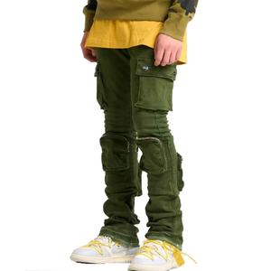 Fashion <b>Green</b> Skinny Raw Edges Hem Multi Pockets <b>Cargo</b> Stacked Denim Jeans <b>Pants</b> for Men - Product Image 2