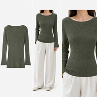 Pull tricoté côtelé rayé à col bateau pour femme, coupe ajustée, manches régulières, mélange de coton, longueur mi-longue, décontracté, standard
