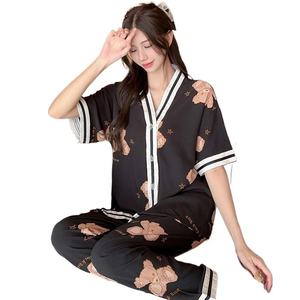 <span class=keywords><strong>Pijama</strong></span> de Satén con Estampado Floral para Mujer de Verano Camisón de Gasa de Manga Corta con Pantalones Largos Ropa de Dormir para Damas - Product Image 6