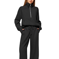 Ensemble sweat à capuche et pantalon de survêtement doublé polaire épais, couleur unie, demi-zip, pour automne-hiver
