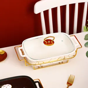 Factory Direct Sell Gold Oval Shape Casserole Marble Ceramic Buffet Soup Pot With Iron Stand