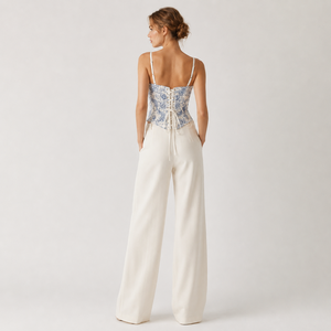 Ensemble pantalon large et <span class=keywords><strong>bustier</strong></span> corset bleu à imprimé floral toile pour femme, avec bretelles spaghetti et dos lacé, personnalisable OEM sous marque privée - Product Image 2