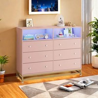 Prêt à l'emploi Salon Longue armoire de rangement à 6 tiroirs Grande commode de luxe rose en bois avec lumière LED Grande commode d'entrée pour chambre à coucher bon marché