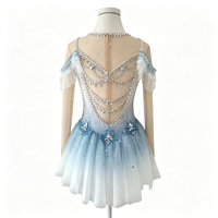 Robe de patinage artistique pour enfants, dégradé blanc et bleu, avec chaîne en maille, dos ouvert, strass faits à la main, en tulle court, pour spectacle sur scène