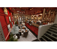 Concept de design de café lounge moderne, comptoir d'exposition pour café, sièges de banquette personnalisés pour café, ensemble de mobilier moderne