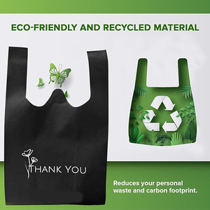 Supermarket Grocery Shopping Recycled Washable T-Shirt W Cut Vest Tote Black Non Woven Thank You <b>Bags</b> - Product Image 5