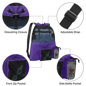 <b>Large</b> Mesh Backpack Swim <b>Bag</b> <b>Beach</b> <b>Bag</b> Gym Sports Pool Wet Dry Drawstring Front Zipper Pocket Side Water Bottle Holders 4 Colors - Product Image 3
