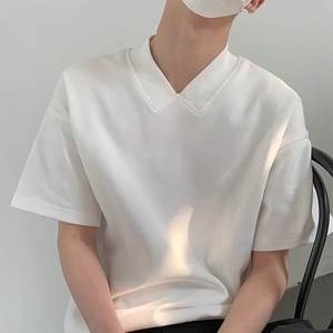 Summer V-Neck Minimalist Versatile Short T-<b>Shirt</b> Men's Half Sleeve Top Solid Color Tee <b>Shirt</b> Korean Version Loose Trendy Export - Product Image 2