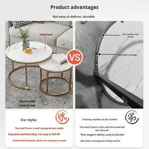 Juego de Mesas de Centro Modernas Ahorradoras de Espacio, 2 Piezas, Mesas Auxiliares Redondas con Aspecto de Mármol y Marco de Metal Dorado, Muebles para <span class=keywords><strong>Restaurante</strong></span> - Product Image 2
