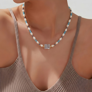 Collar de Perlas de Aguamarina y Zafiro Auténticos, Gargantilla de Verano para la Playa, Collar de Cuentas de Piedra Natural y Acero Inoxidable - Product Image 1
