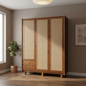 Armoire en rotin de style mid-century, en bois massif, quatre portes, avec tiroirs de rangement - Product Image 1