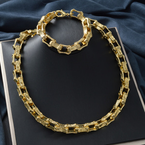 unisex bulk wholesale gold plated stainless steel hollow rectangular carved wide polished <b>matching</b> necklace set <b>bracelets</b> - Product Image 1