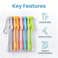 Ensemble de couverts en plastique sans BPA tendance et personnalisé, baguettes, fourchette, cuillère, étui de transport portable, kit de couverts réutilisables pour le bureau et l'école