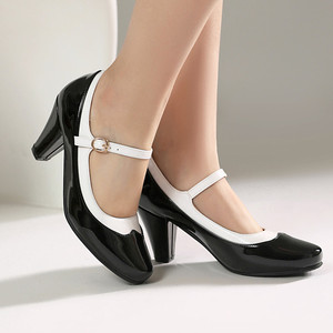 Elegant <b>Black</b> Patent Leather Heeled Sandals With White Ankle Strap Buckle Closed Toe Mid <b>Heel</b> All Seasons Women's Shoes - Product Image 1