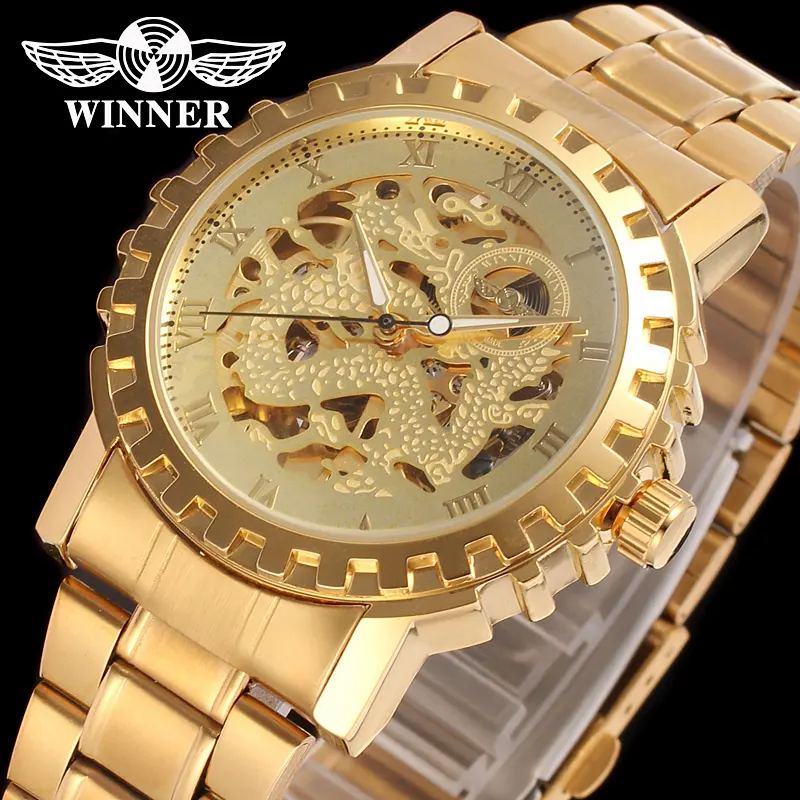 Creative Novelty Dragon Gold Luxury Watches Mens Winner Brand Gift Visible Full Automatic Skeleton Mechanical Man Wrist Watch
