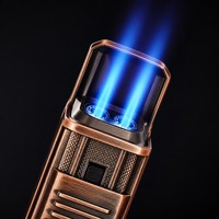 Briquet torche à double flamme pour cigares, rechargeable au butane, coupe-vent avec verrou de sécurité, flamme réglable, corps en fibre de carbone, cuivre