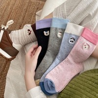 Chaussettes décontractées en coton moucheté pour femmes, brodées d'animaux mignons, à blocs de couleur, vente en gros, MOQ