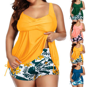 Traje de Baño Tankini de Talla Grande para Mujer, Conjunto de 2 Piezas, Cuello en V, Tejido de Spandex/Poliéster, Vestido de Baño Fluido con Shorts y Logotipo en la Cintura - Product Image 2