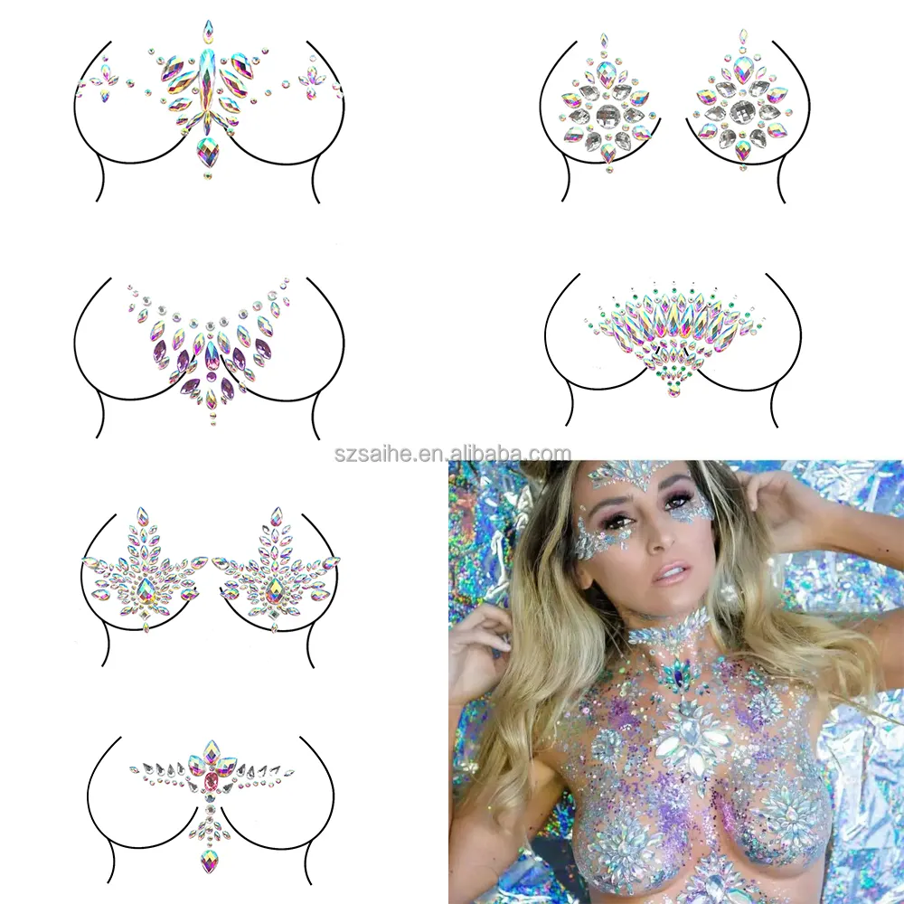 Beauty Boob Jewels Sticker Kalung Bentuk Kristal Puting Stiker Tato Wanita Seksi Sementara Tubuh Dada Jewels