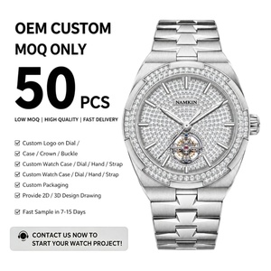 50 piezas de relojes OEM con logotipo personalizado, relojes automáticos de acero inoxidable con diamantes, movimiento Miyota Skeleton, reloj mecánico estilo Hip Hop. - Product Image 1