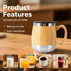Natural Bamboo Wood Grain Stainless Steel Coffee <b>Mug</b> with Lid Handle <b>Double</b> <b>Wall</b> Insulated Travel Tea Cup - Product Image 3