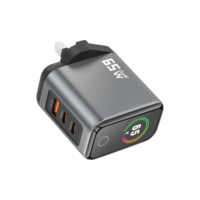 Chargeur mural PD 65W avec prise UK, charge rapide GaN, 2 ports Type-C, 1 port USB-A, avec écran numérique intelligent TFT, adaptateur pour téléphone, ordinateur portable, tablette
