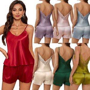 <span class=keywords><strong>Pijamas</strong></span> de Verano para Mujer, Sensuales, con Sensación de Seda, Tirantes Finos, Shorts de Encaje, Tela Viscosa Fresca y Delgada, Estilo Europeo-Americano - Product Image 1