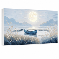 Grande toile murale Lagon Bleu Lune, Paysage apaisant de bateaux, roseaux et montagnes, encadrée, pour décoration de salon, chambre et bureau