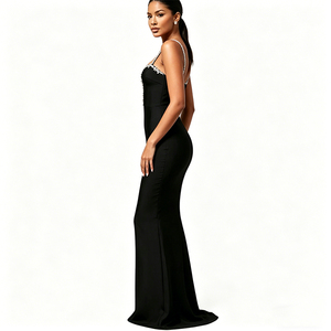 Abito da sera lungo nero elegante a sirena con spalline sottili e scollo a cuore, antistatico, con reggiseno integrato, per donna - Product Image 3