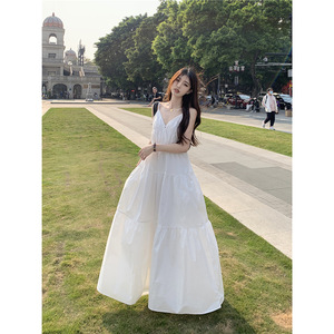 <b>White</b> V Neck <b>Maxi</b> Dress Natural Waist Splicing Simple Style Beach Vacation Cover Up - Product Image 3