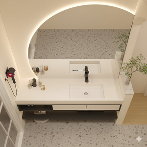 Modern Duvara Monte Çift Lavabolu Banyo Dolabı Seti, Büyük LED Aynalı ve Asma Dolaplı Lüks Banyo Mobilya Seti - Product Image 4